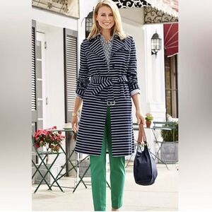 Talbots Navy White Stripe Trench size Medium Belted